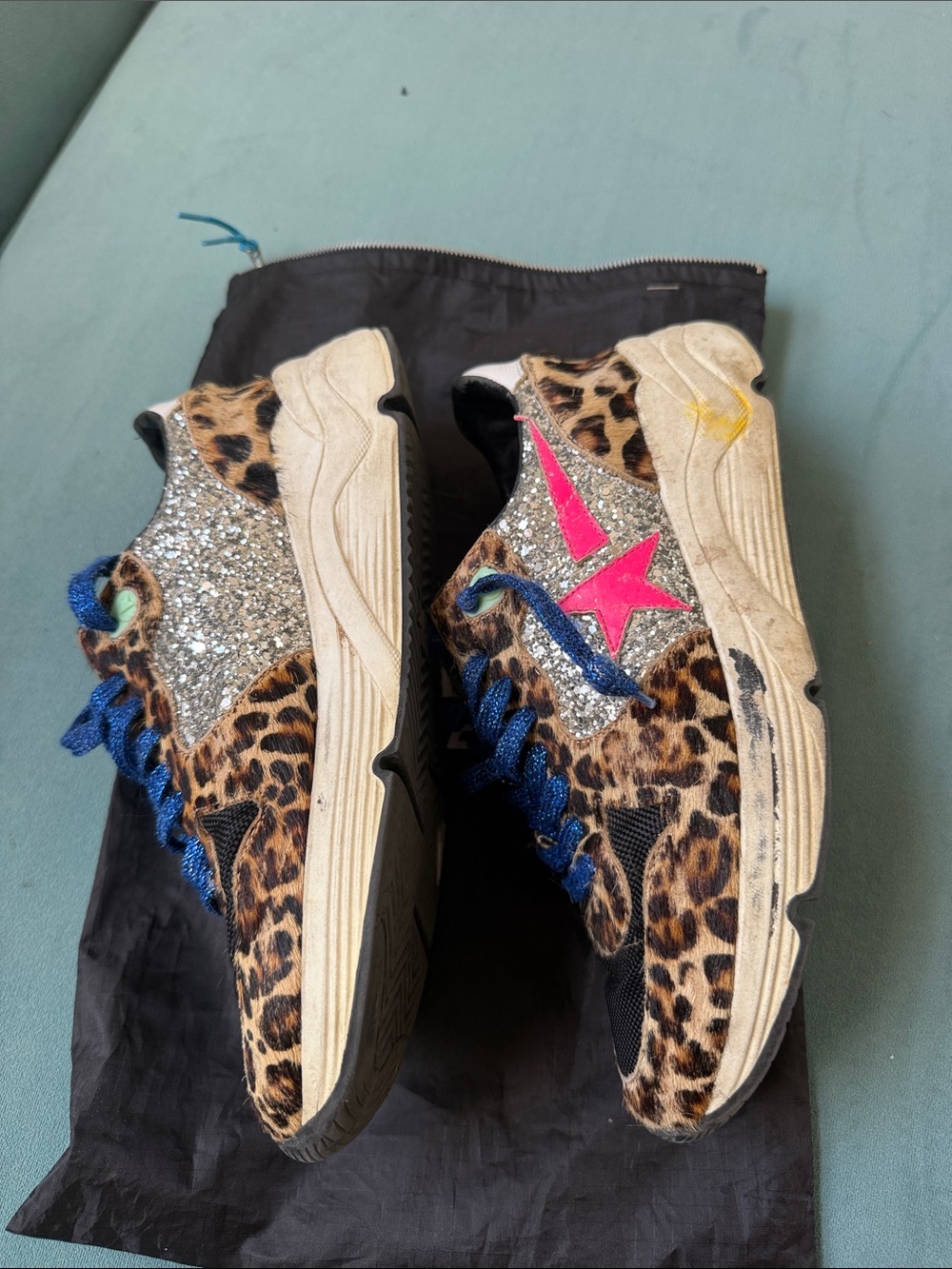 Golden goose leopard print Sneakers with Blue glitter Laces- RUNNING STYLE 💗 - Picture 3 of 5